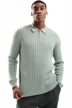 ASOS Essential knitted rib quarter zip polo sweater in light