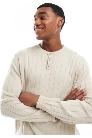 ASOS Relaxed knitted wide rib grandad neck sweater in oatmeal