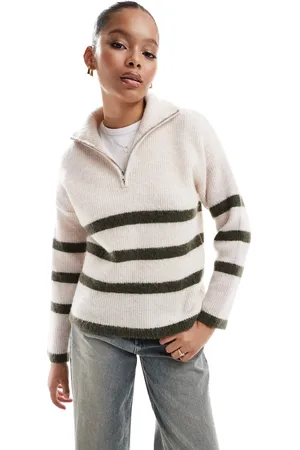 SELECTED Femme half zip knit merino wool blend stripe sweater in cream with green stripe