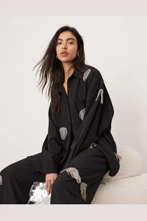 ASOS Embellished diamante fringe spot oversized shirt in black - part of a set