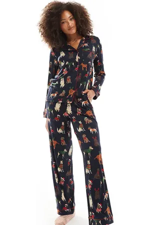 Chelsea Peers Exclusive Christmas dog print long sleeve camp collar shirt and pants pajama set in
