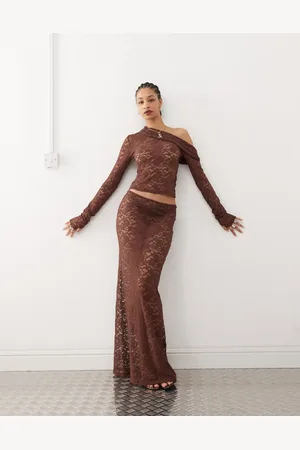 Lioness Low waisted lace maxi skirt in chocolate - part of a set