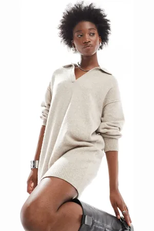 Weekday Tahlia polo collar knit mini dress in light beige melange exclusive to ASOS