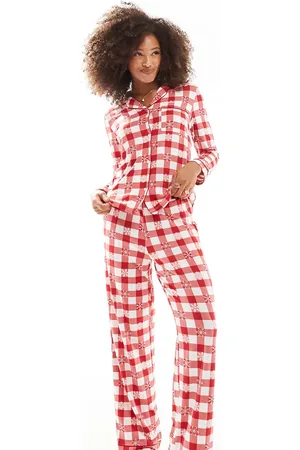 Chelsea Peers Exclusive Christmas plaid and snowflake print long sleeve top and pants pajama set in burgundy