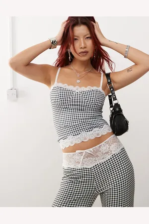 Lioness Corset cami top with lace trim in mono gingham - part of a set