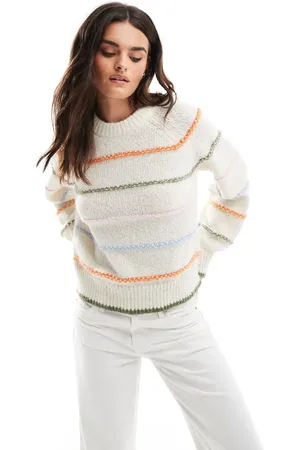 Pieces® Knitted sweater with multi stripe detail in cream