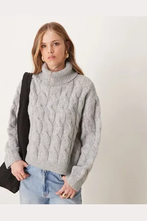 Miss Selfridge Cable high neck cozy knit sweater in charcoal heather