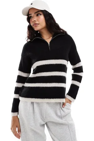 SELECTED Femme half zip knit merino wool blend stripe sweater in with white stripe