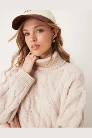 Miss Selfridge Cable high neck cozy knit sweater in oatmeal