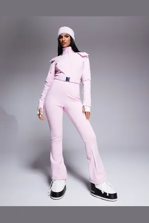 ASOS Ski belted ski suit with slim kick leg and faux fur hood in