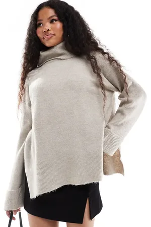 VILA Roll neck oversized sweater with turn-up cuff in natural melange