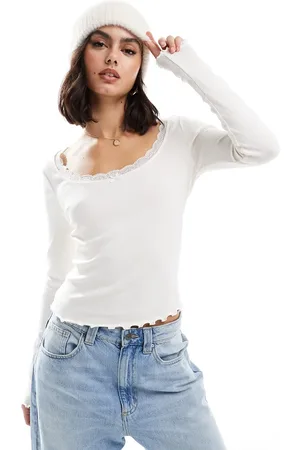 ASOS Scoop neck lace detail long sleeve t-shirt in cream