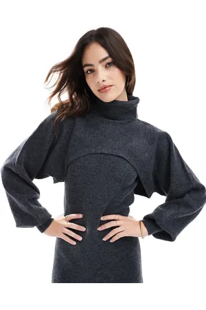 Pieces® Knitted roll neck cropped sweater in charcoal - part of a set