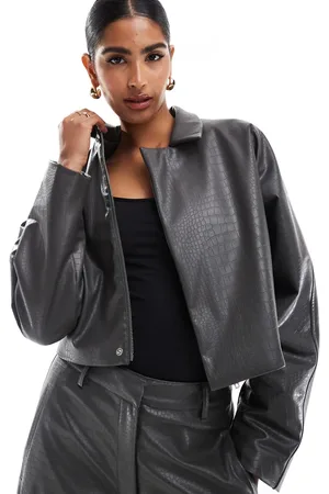 ASOS Cropped faux leather jacket in gray croc - part of a set