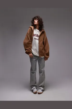 Topshop Borg zip through fleece hoodie in toffee