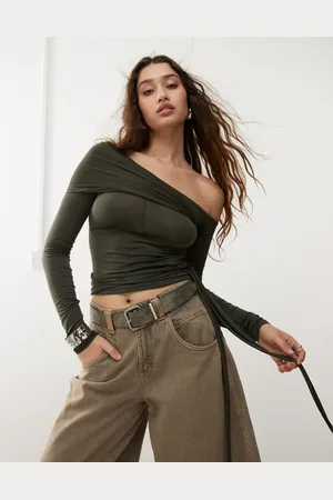 Weekday Eli asymmetric long sleeve top with drape tie detail in khaki
