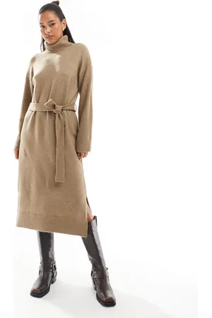 VILA Turtle neck knit maxi dress with tie waist in
