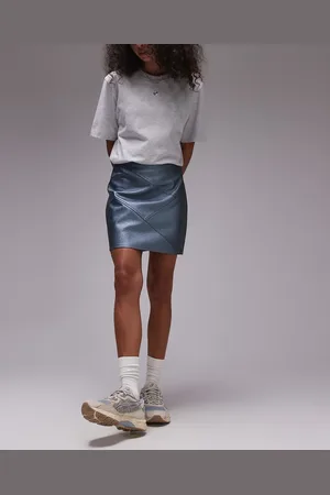 Topshop Faux leather paneled seam pelmet skirt in metallic airforce