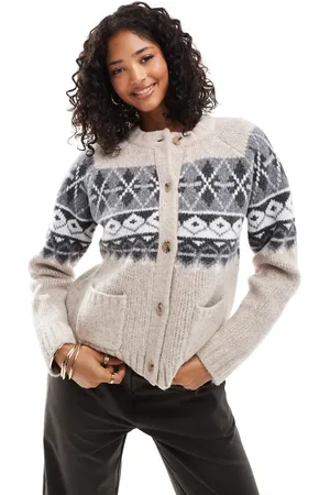 ASOS Crew neck cardigan with fairisle detail in stone