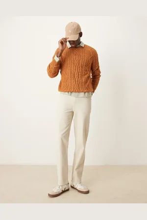 ASOS Heavyweight cable knit crew neck sweater in tan
