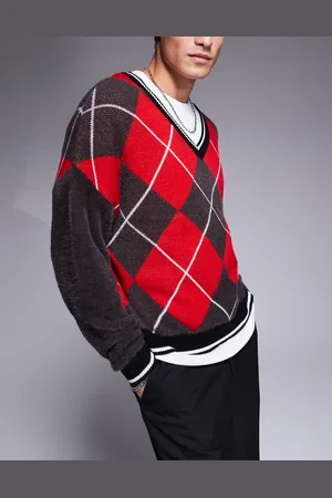 ASOS Oversized knitted crew neck sweater with argyle pattern in and red