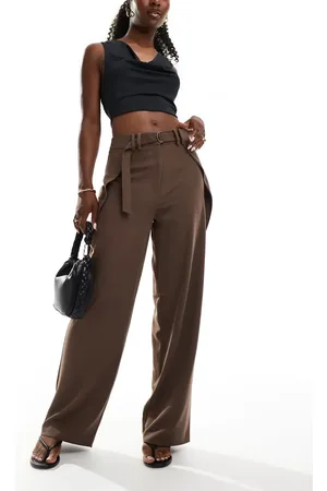 ASOS Tailored slinky wide leg pants with wrap pleat detail in brown