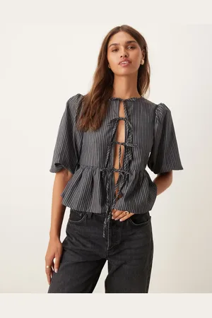 Glamorous Poplin tie front peplum blouse with puff sleeves in gray and black stripes