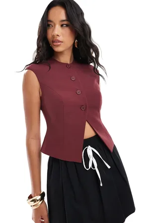 Kaiia Tailored button up split front vest in burgundy