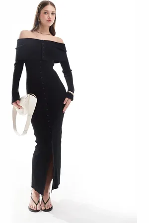 Pretty Lavish Button bardot knit maxi dress in