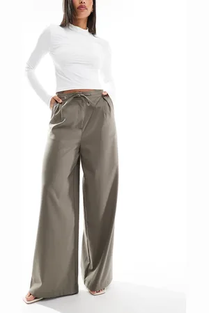 ASOS Tailored tie waist wide leg pants with pleat detail in brushed khaki