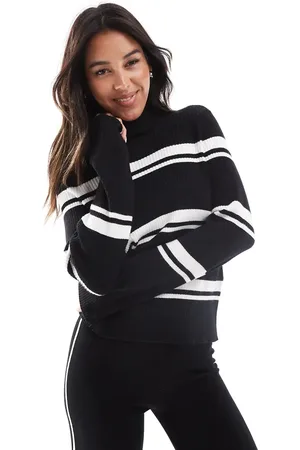 Pieces® Striped roll neck top in and white