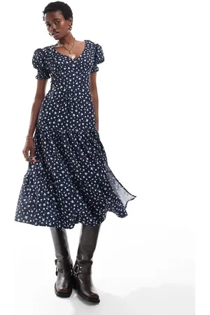Daisy Street V neck midi tea dress in navy white floral