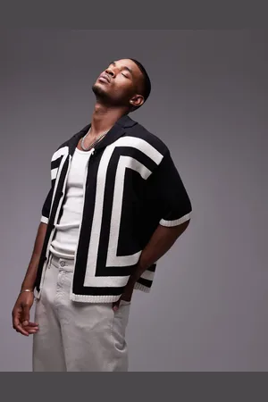 Topman Knitted crochet vertical stripe button through shirt in black