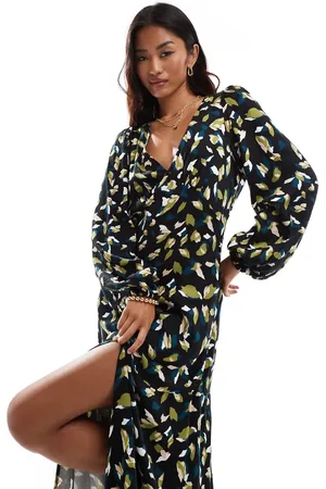 VILA V neck maxi dress with balloon sleeves in abstract leaf print