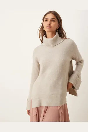 VILA Turtleneck oversized sweater with turn up cuff in natural melange