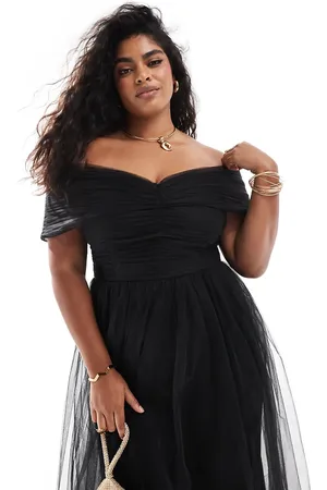 Lace & Beads Bow off shoulder tulle maxi dress in
