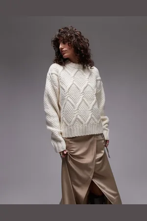 Topshop Knit chunky twist cable crew neck oversized sweater in ivory