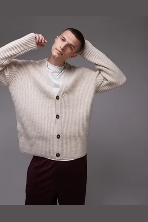 Topman Premium lambs wool ribbed cardigan in stone