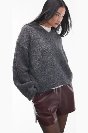 Topshop Knitted high v-neck boucle sweater in charcoal