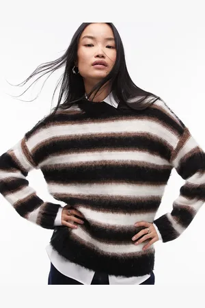 Topshop Knitted neutral stripe oversized sweater in black and brown