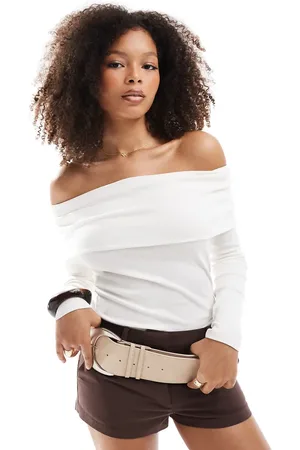 Miss Selfridge Rib deep fold over bardot top in cream