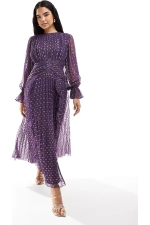 ASOS Metallic textured high neck ruched belt detail maxi dress in purple