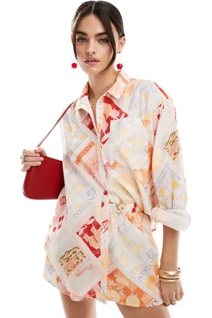 Miss Selfridge Linen look oversized shirt in postcard print