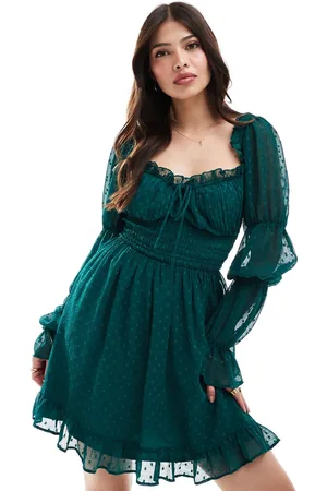ASOS Textured milkmaid long sleeve sleeve shirred waist mini dress in pine