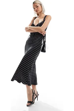 ASOS Satin ruched bust midaxi dress in pink polka dot