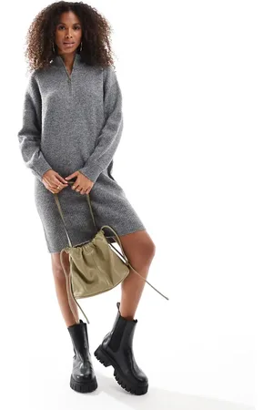 ONLY Half zip midi sweater dress in dark melange
