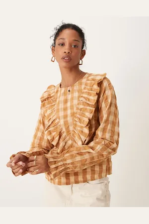 ASOS Long sleeve top with ruffle v detail in gingham