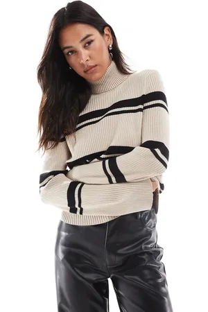 Pieces Striped roll neck top in beige and black