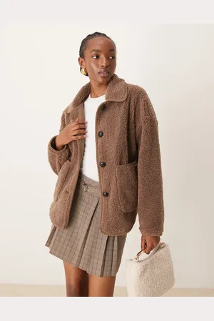 VILA Collared teddy jacket in taupe