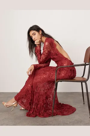 ASOS Embroidered floral long sleeve lace open back maxi dress in burgundy